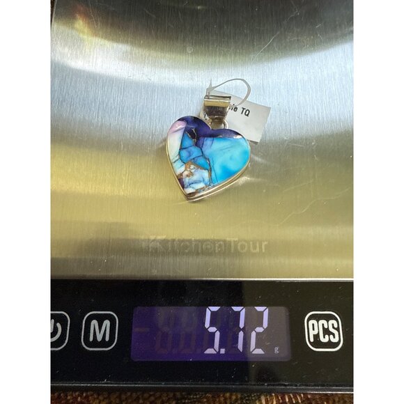 Heart-Shaped Sterling Silver Pendant With Purple Mojave Dahlia & Blue Turquoise - Picture 4 of 4